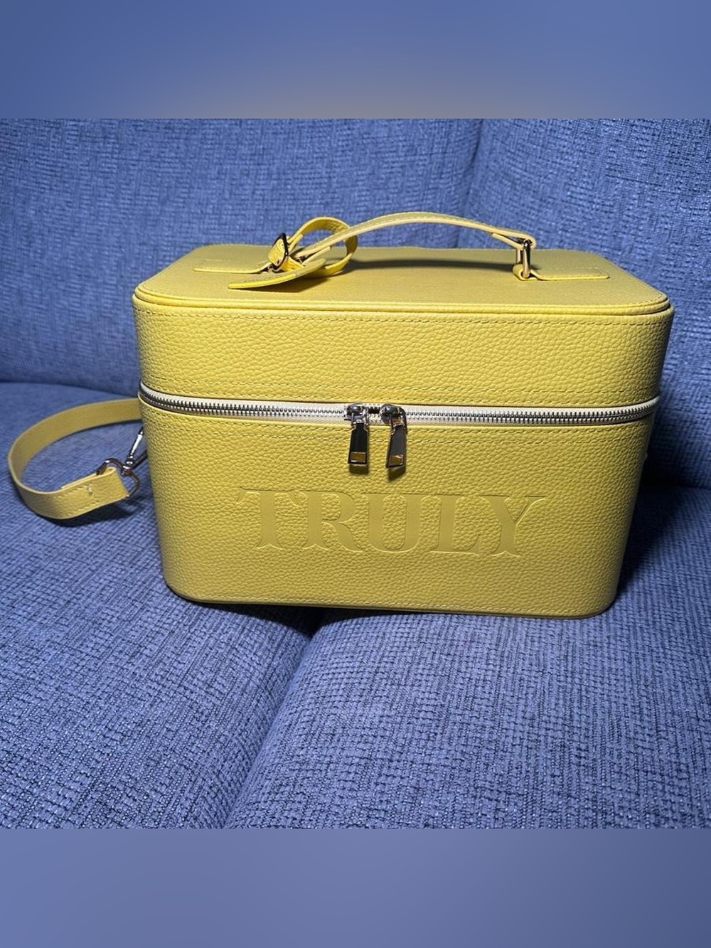 TRULY Yellow Structured Leather Cosmetic Train Case with Strap